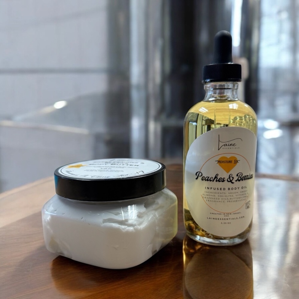 Sweet Peaches & Berries Body Oil & Body Butter Duo by Laine Essentials